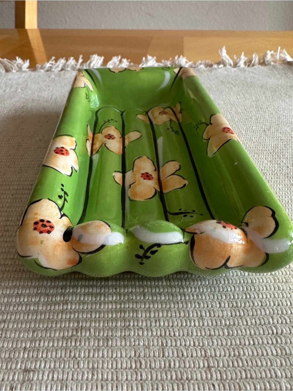 Green Hibiscus Floral Ceramic Spoon Rest Kitchen Counter Catchall